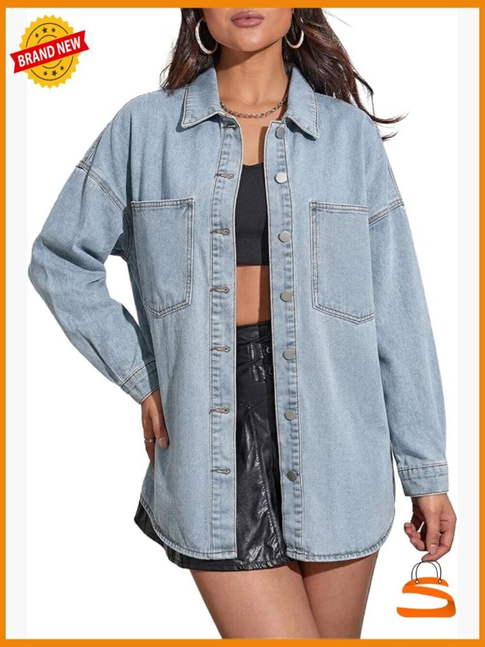 Oversized Denim Button Down Shacket with Pockets Casual Top